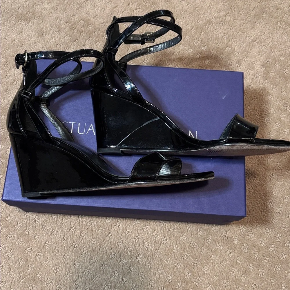 EUC Stuart Weitzman Glossy Black Wedge Heels